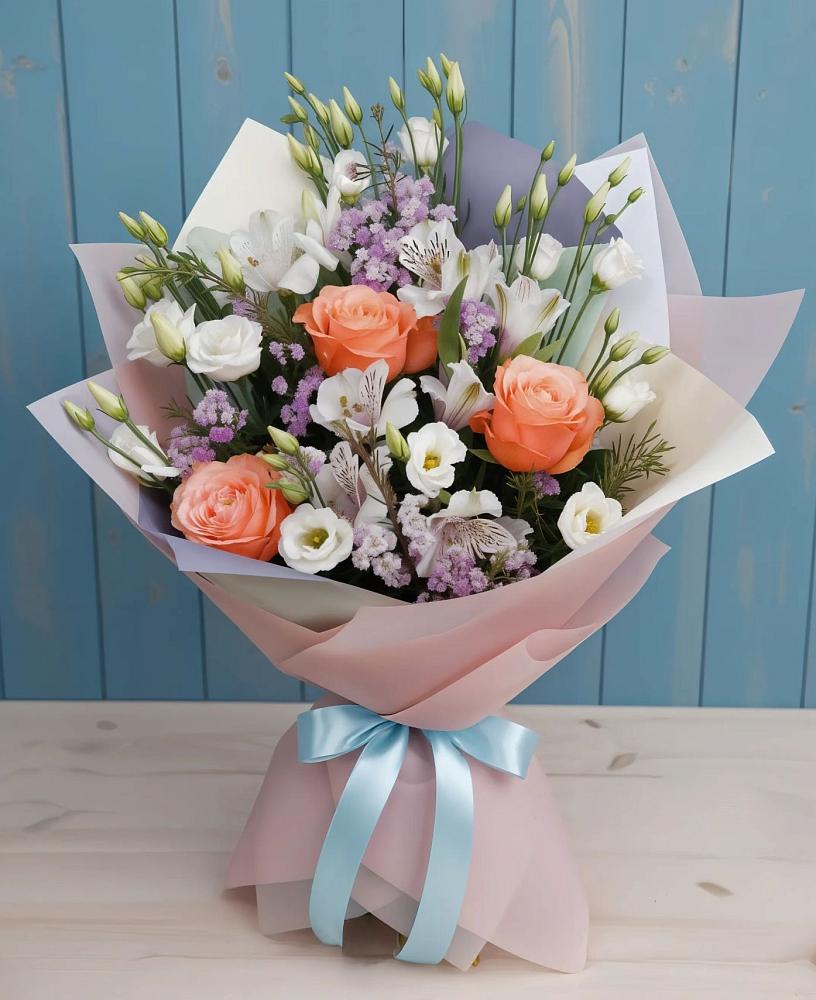 Букет цветов из: Лизиантусы, Розы, Альстромерии и Гипсофила в Десногорске