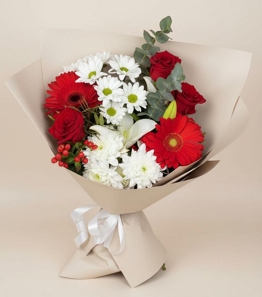 Букет цветов из: Розы, Хризантемы, Герберы и Лилии в Десногорске
