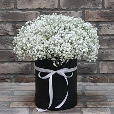 Цветочная композиция из Гипсофила в шляпной коробке в Десногорске