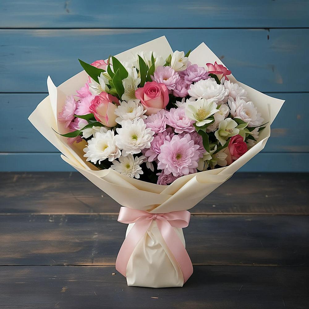 Букет цветов из: Хризантемы, Альстромерии и Розы в Десногорске